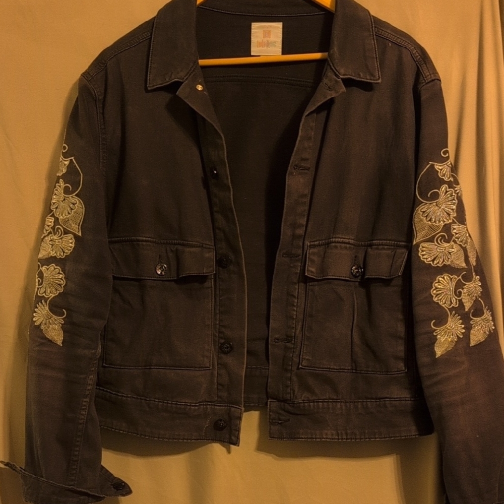 LuLaRoe Charcoal Denim Jacket with Floral Embroidery